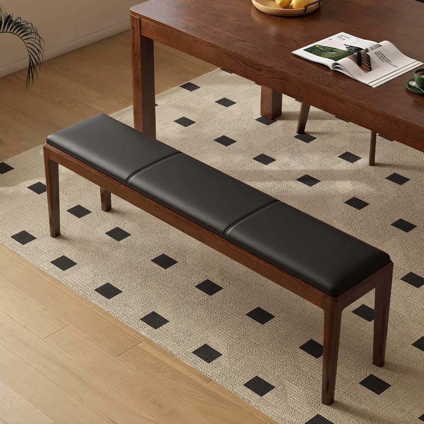 Wayshome 55.1'' Leather Upholstered Dining Bench with 100% Solid Oak Wood Bench Frame, 13.8'' Widened Padded Bed End Bench Ottoman for Kitchen Living Room Bedroom Entryway, Black