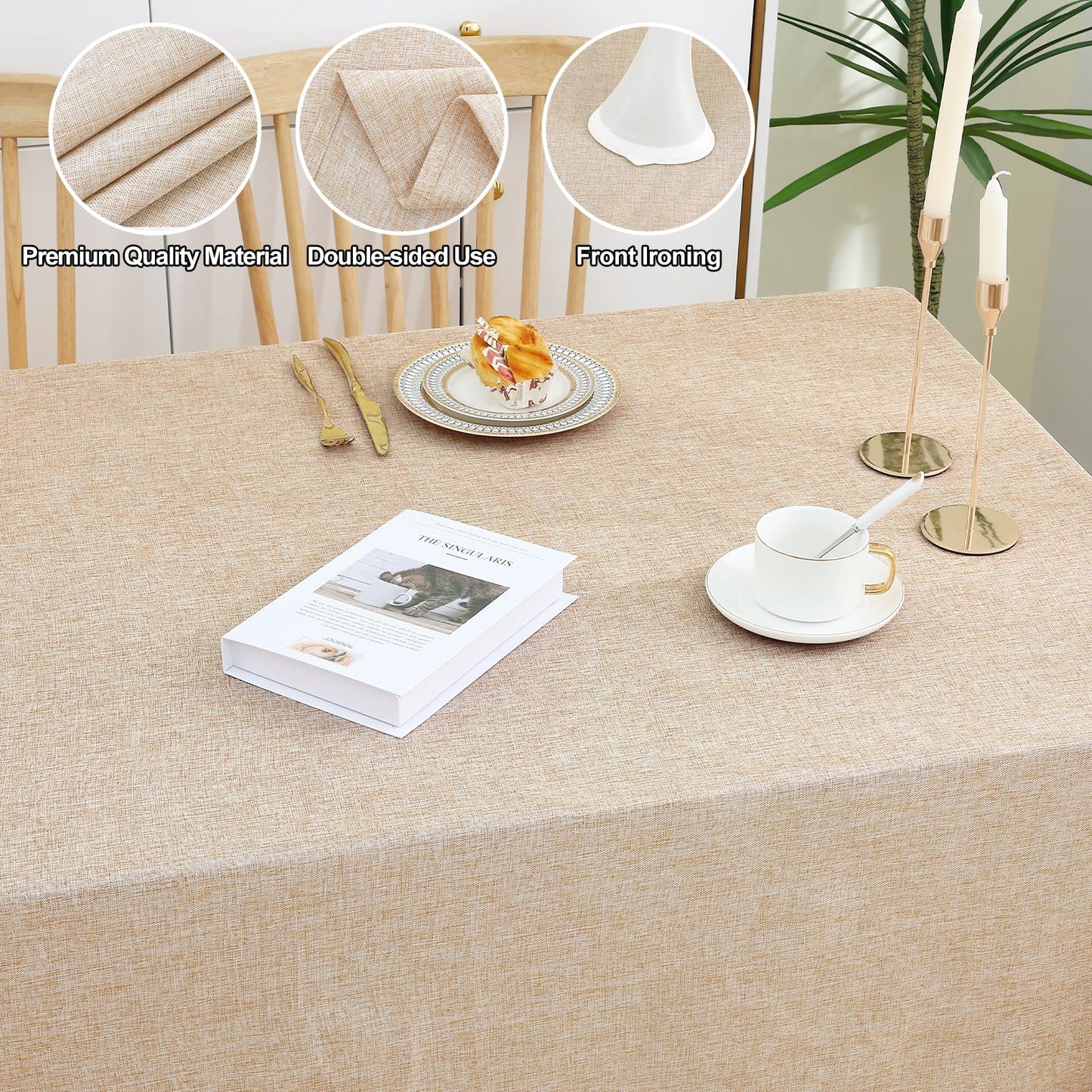 Smiry Rectangle Faux Champagne Table Cloth, Waterproof Burlap Fabric Tablecloth, Washable Decorative Farmhouse Table Covers for Kitchen, Dining, Parties, 52x70, Champagne