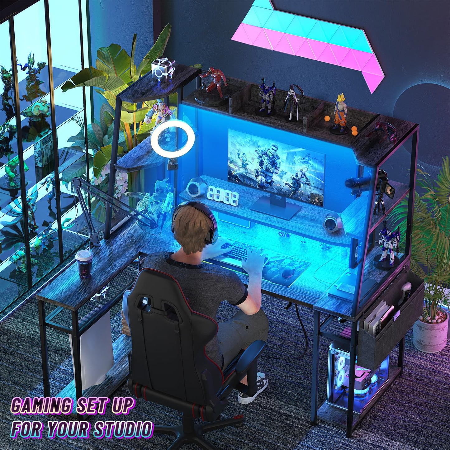 armocity L Shaped Gaming Desk with Hutch & Shelves, 47'' Gaming Computer Desk with LED Lights & Outlets, PC Gaming Desk with Storage & Monitor Stand, Grey Oak