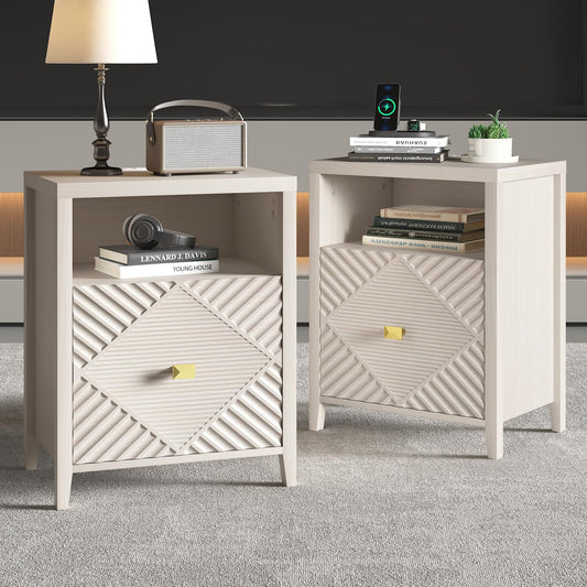 Modern Nightstand Side Table with USB Charging Port, Diamond Pattern Drawer, Black (2, Light Brown)