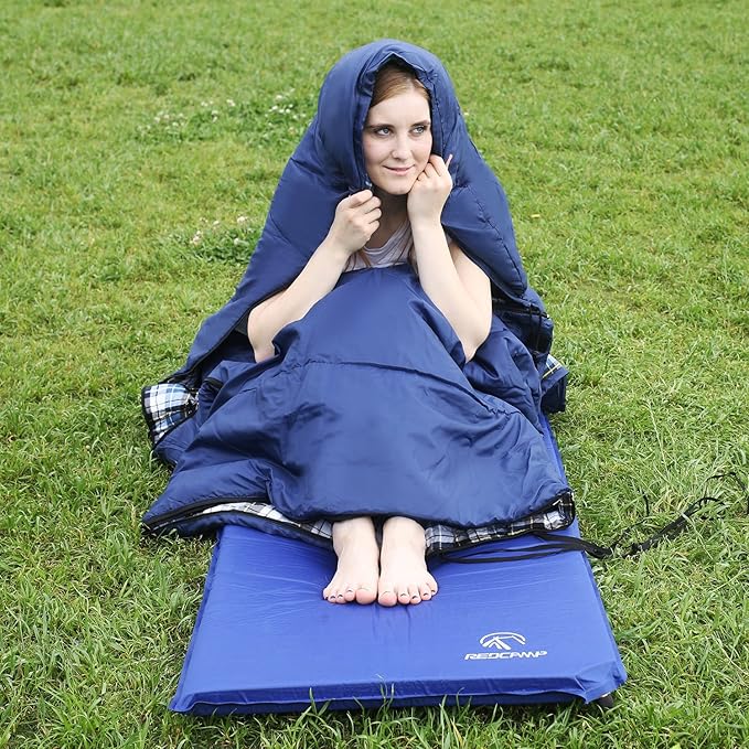 REDCAMP Flannel Sleeping Bag for Adults, Comfortable Cotton Sleeping Bags for Camping with Detachable Hood, Red/Grey/Blue