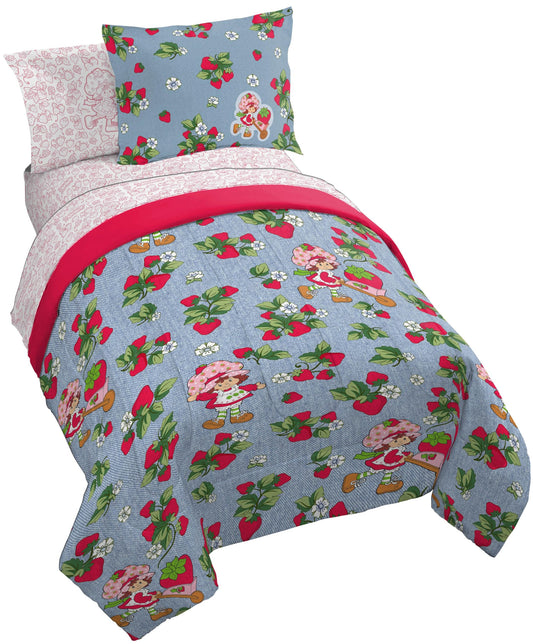 Jay Franco Kids Comforter Set Includes Sheets and Pillow Covers - Soft and Cozy Bed Set for Stylish Room Decor, Blue - Strawberry Shortcake, 7 Piece Full Size Bedding