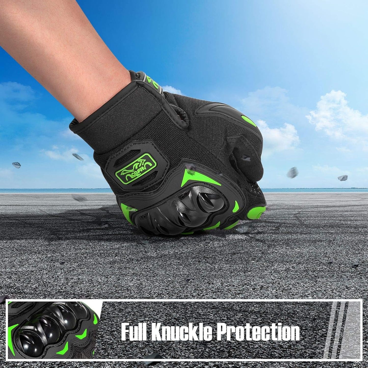 COFIT Motorcycle Gloves Breathable, Touchscreen Motorbike Gloves Anti-Slip with Good Grip Hard Knuckles Protection for Men Women Motocross, BMX ATV MTB Cycling, Road Racing - Green XXL