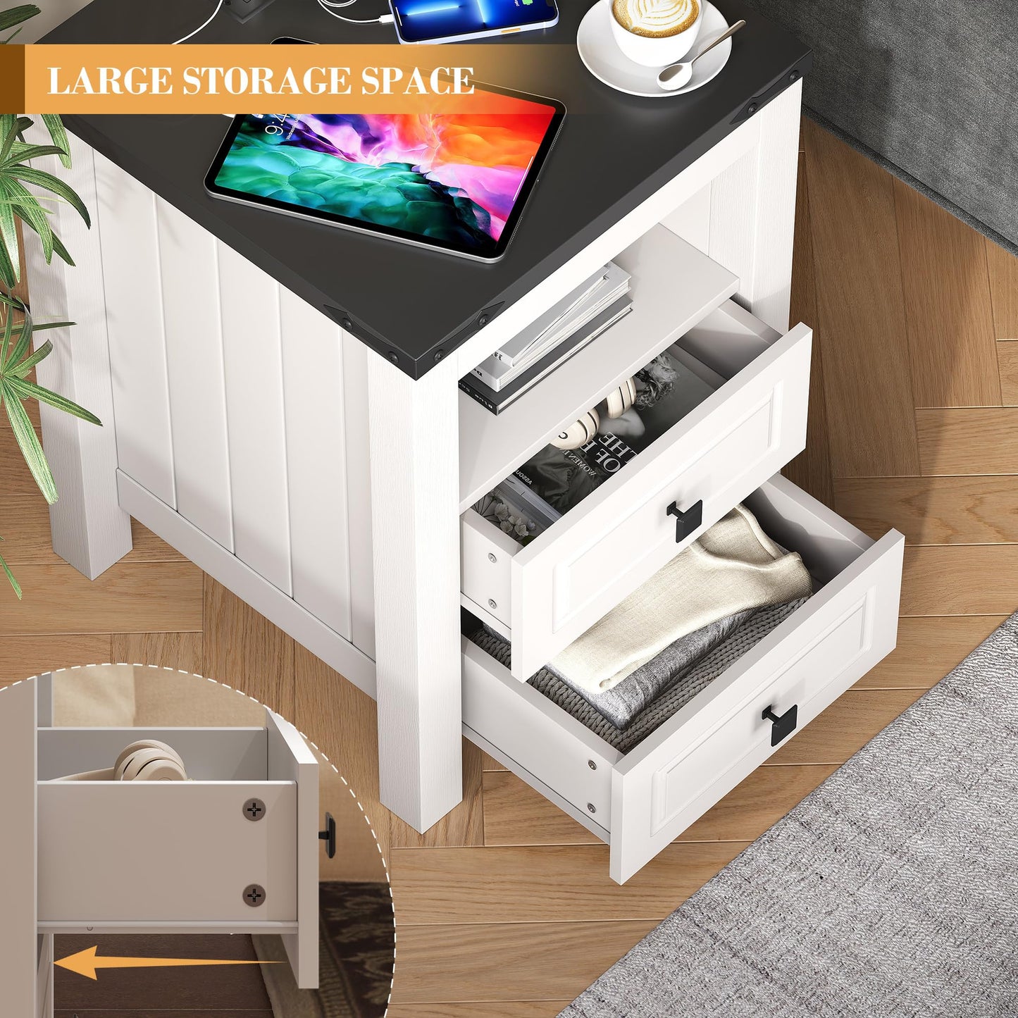 Apicizon End Table Set of 2, Farmhouse End Tables with Charging Station, Nightstand with Drawers and Storage Cabinet, Small Coffee Table for Small Spaces, Sofa Side Table for Living Room, Bedroom