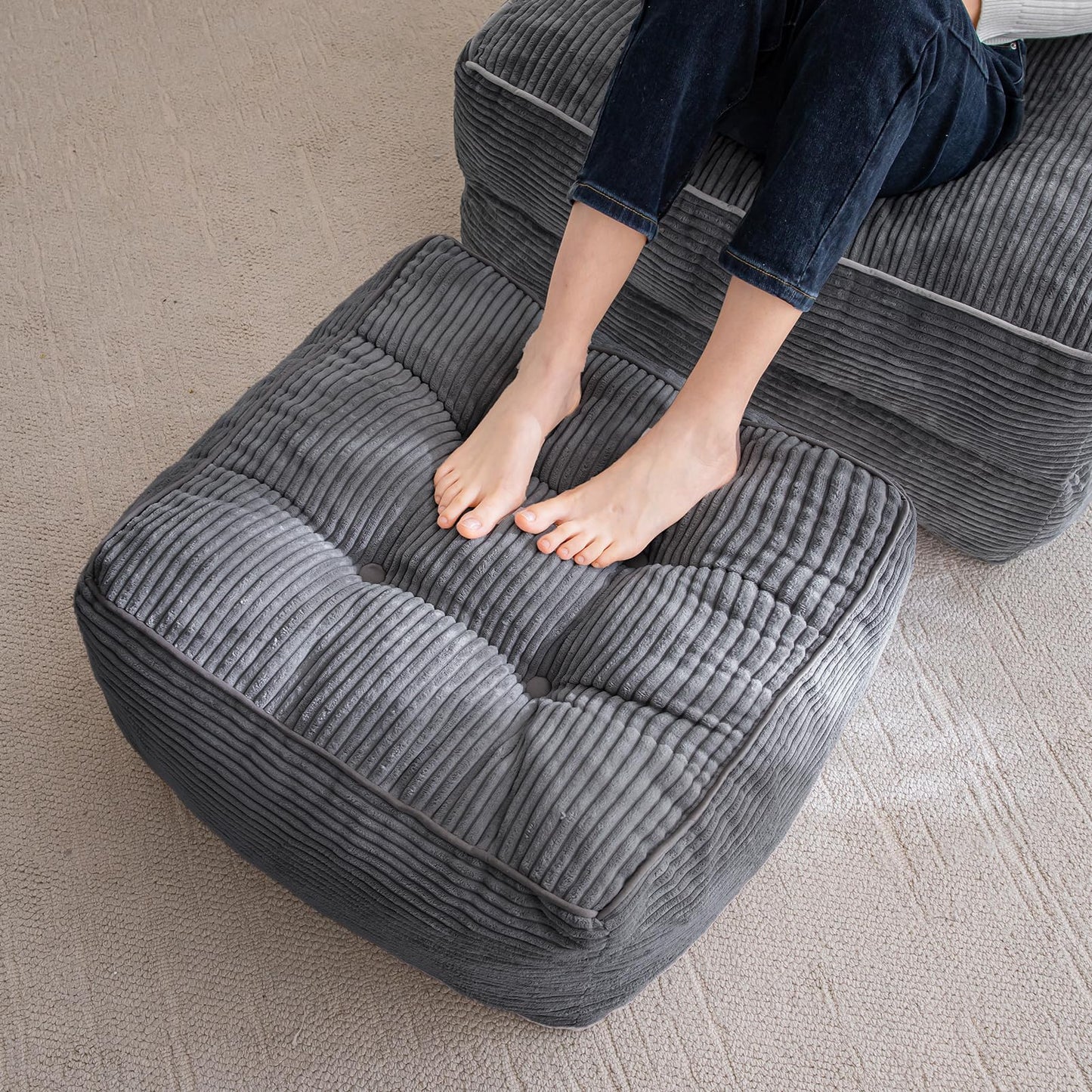 HIGOGOGO Square Stuffed Pouf Ottoman, Corduroy Poufs with Foam Chunk Filling, Furry and Fluffy Pouf Foot Stool Storage Ottoman, 21 X 21 Floor Poufs Foot Rest for Living Room, Dark Grey