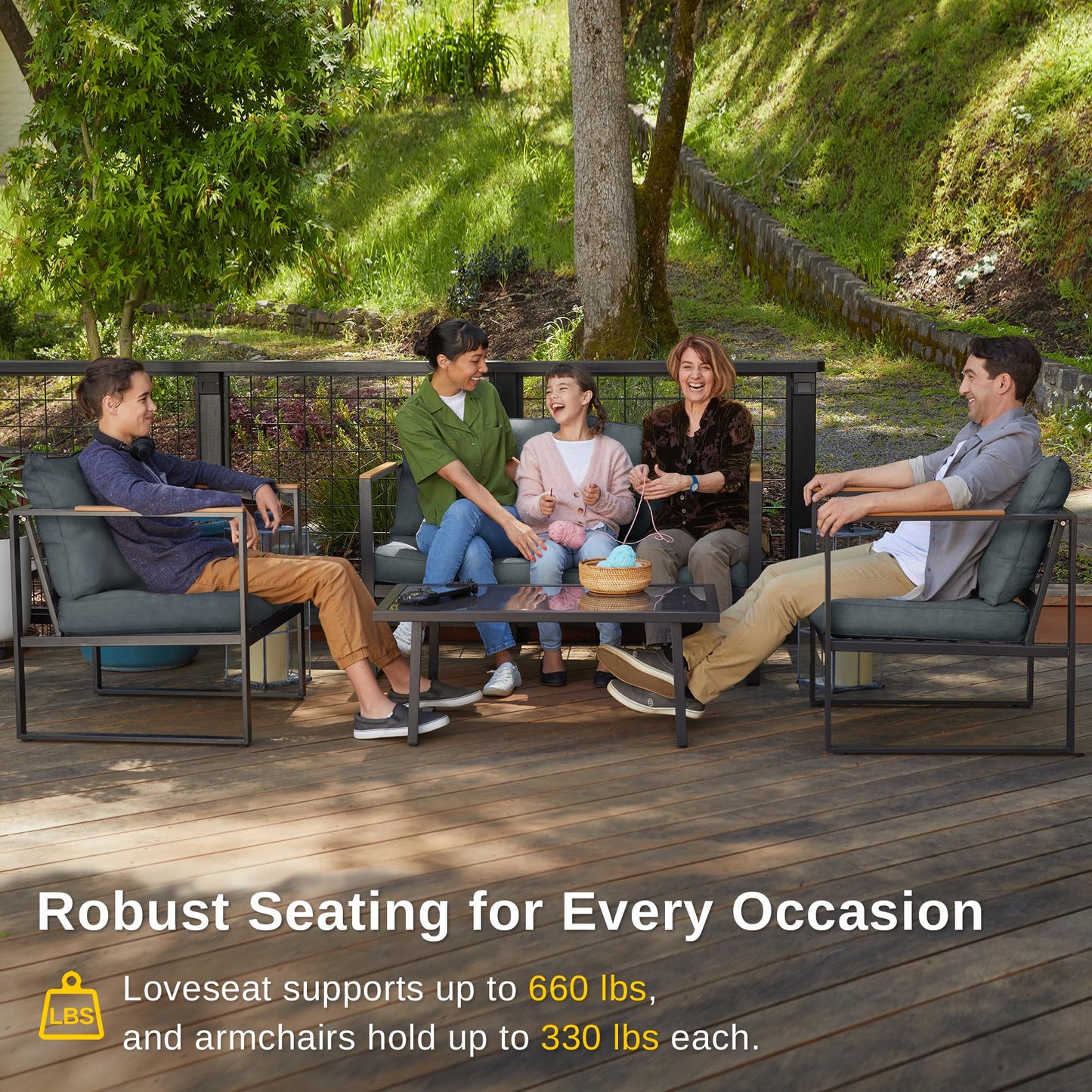 EAST OAK Courtyard Patio Furniture Set, 4-Piece Outdoor Patio Set with Sofa, Removable & Washable Deep Seating Cushion, Tempered Glass Table, Outside Patio Conversation Sets, Black & Dark Grey
