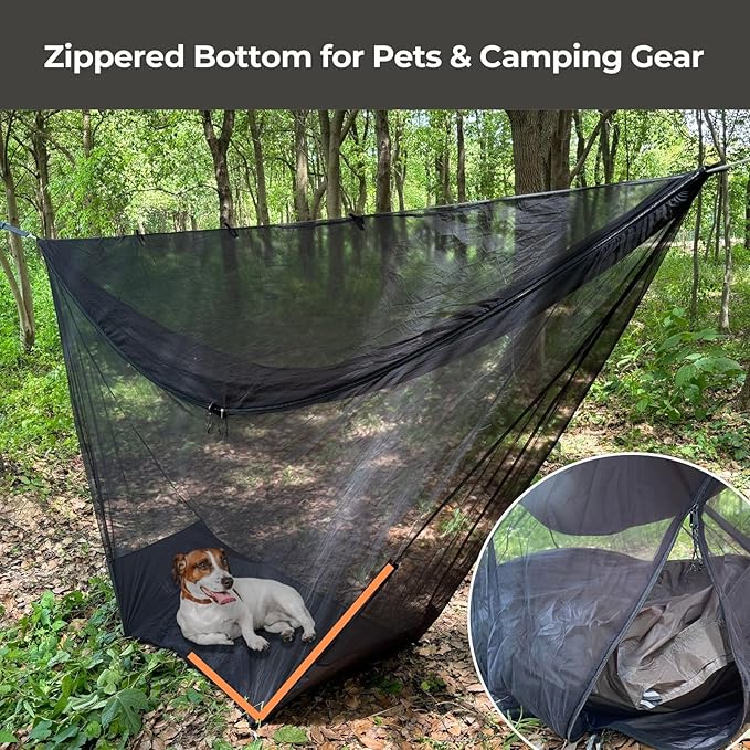 onewind Hammock Mosquito Net, Camping Hammock Bug Net with Zipper No See Um Mesh Lightweight Camping Bugnet with Floor for 11ft 12ft Hammock for Hiking Backpacking with Furry Friends
