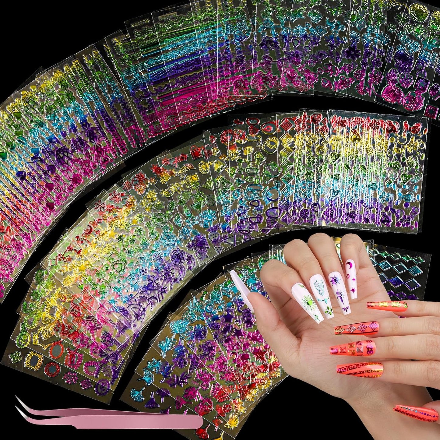 Teenitor 50 Sheets Nail Art Stickers, Rainbow Nail Stickers for Nail Art Nail Decals for Kids, Women, Fingernail in Halloween Christmas, Nail Supplies