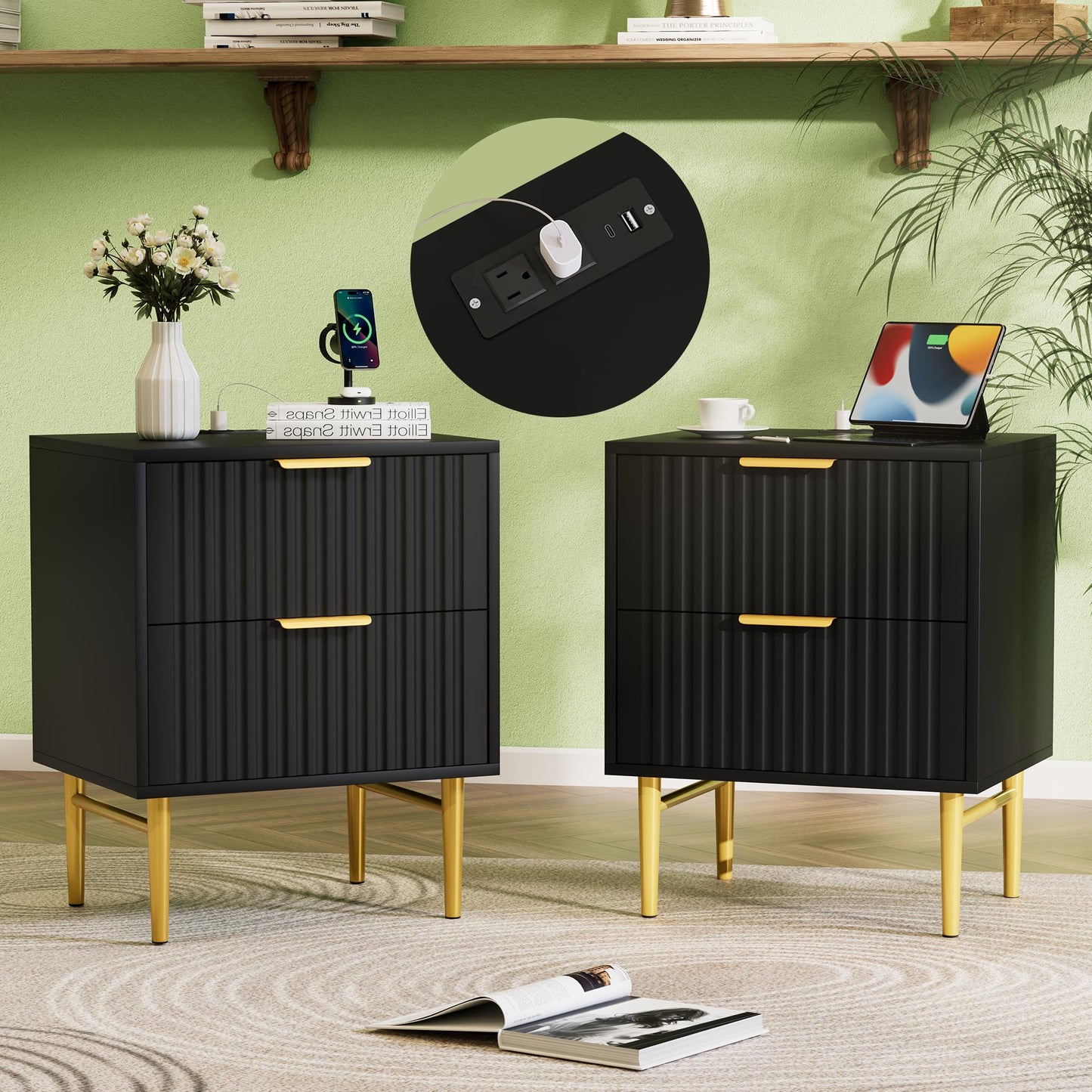 HQZX Black Nightstand Set of 2 with Charging Station, Fluted Nightstand with Drawers, Modern Bedside Table with Gold Legs, End Table for Bedroom