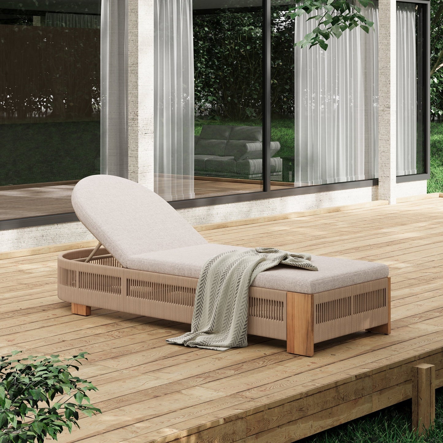Christopher Knight Home Adjustable Outdoor Wood Chaise Lounge with Cushion, Rope Accent, Beige