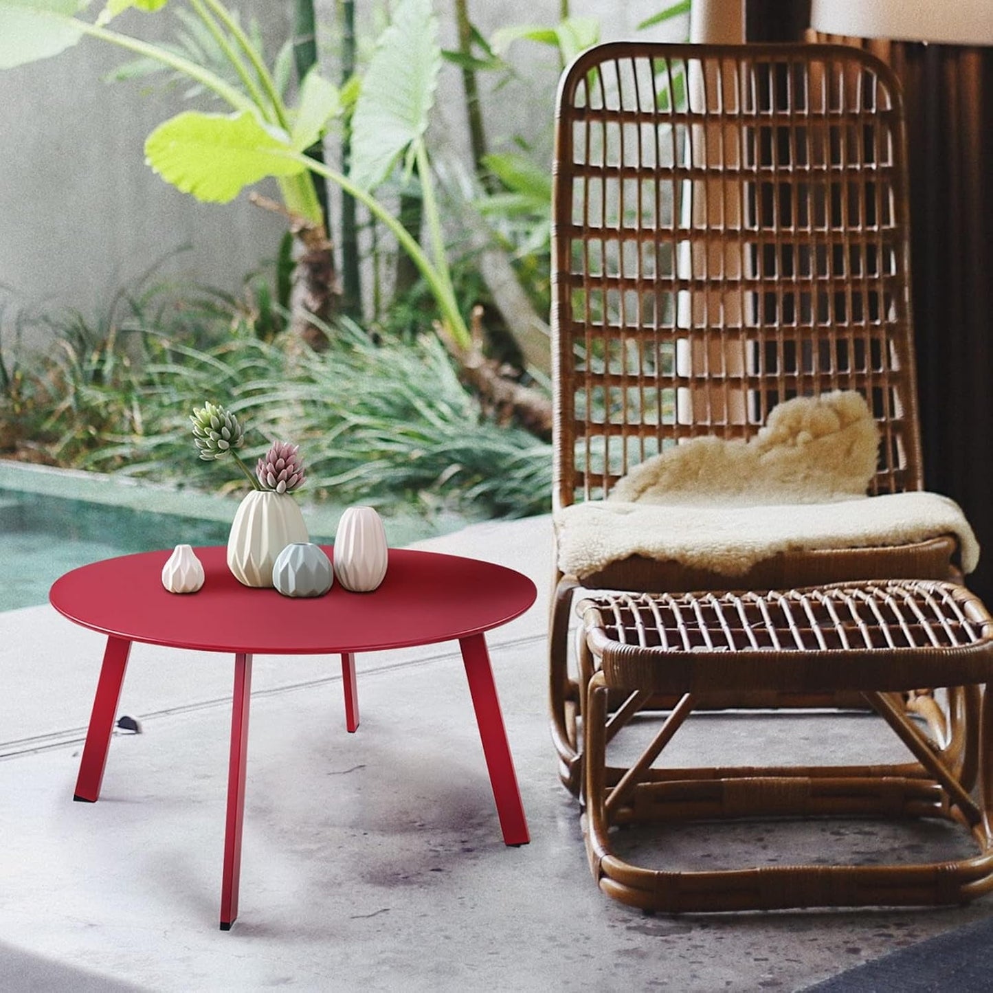 ACCVER 28 Inch Round Outdoor Coffee Table - Weatherproof Steel Patio Side Table for Deck, Backyard Outdoor & Indoor Use, Red