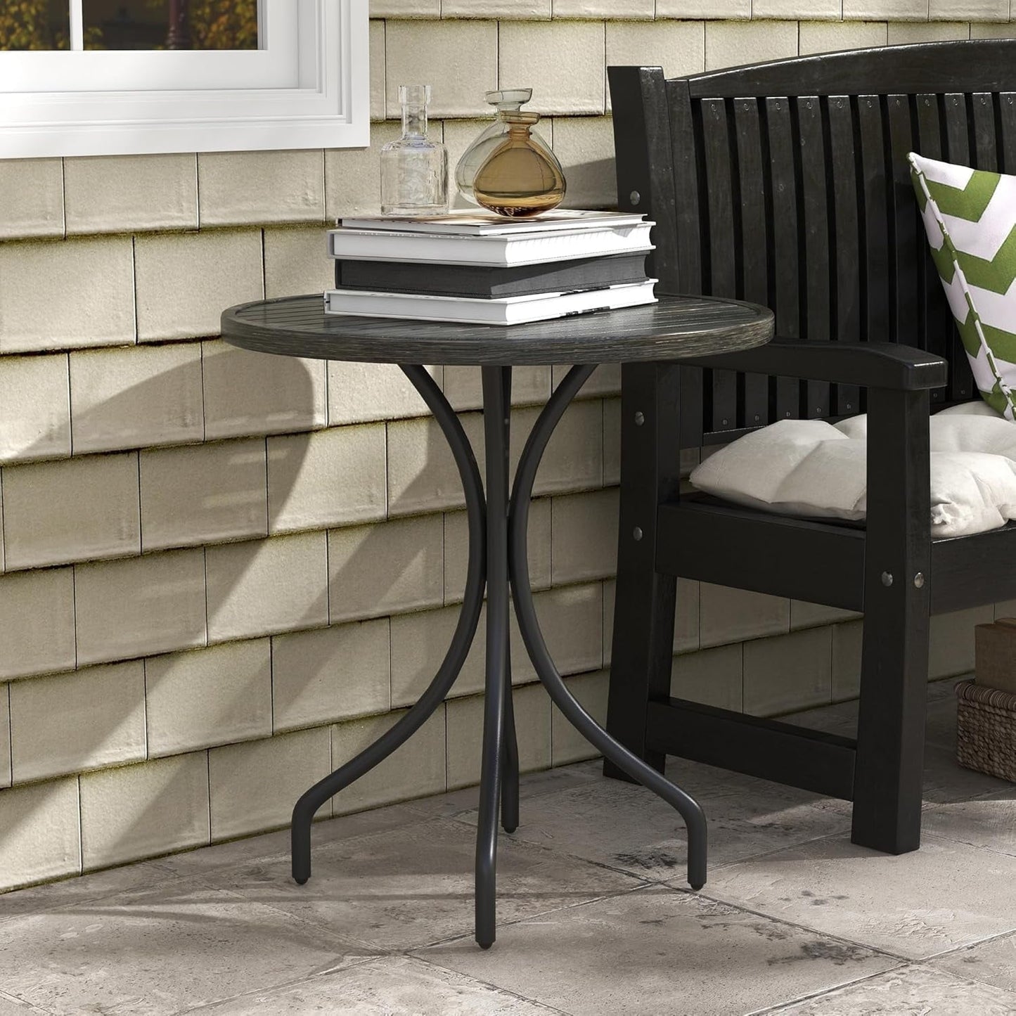 THTGCD Outdoor Side Table, 26" Round Patio Table with Steel Frame and Slat Tabletop for Garden, Backyard, Porch, Balcony, Distressed Gray